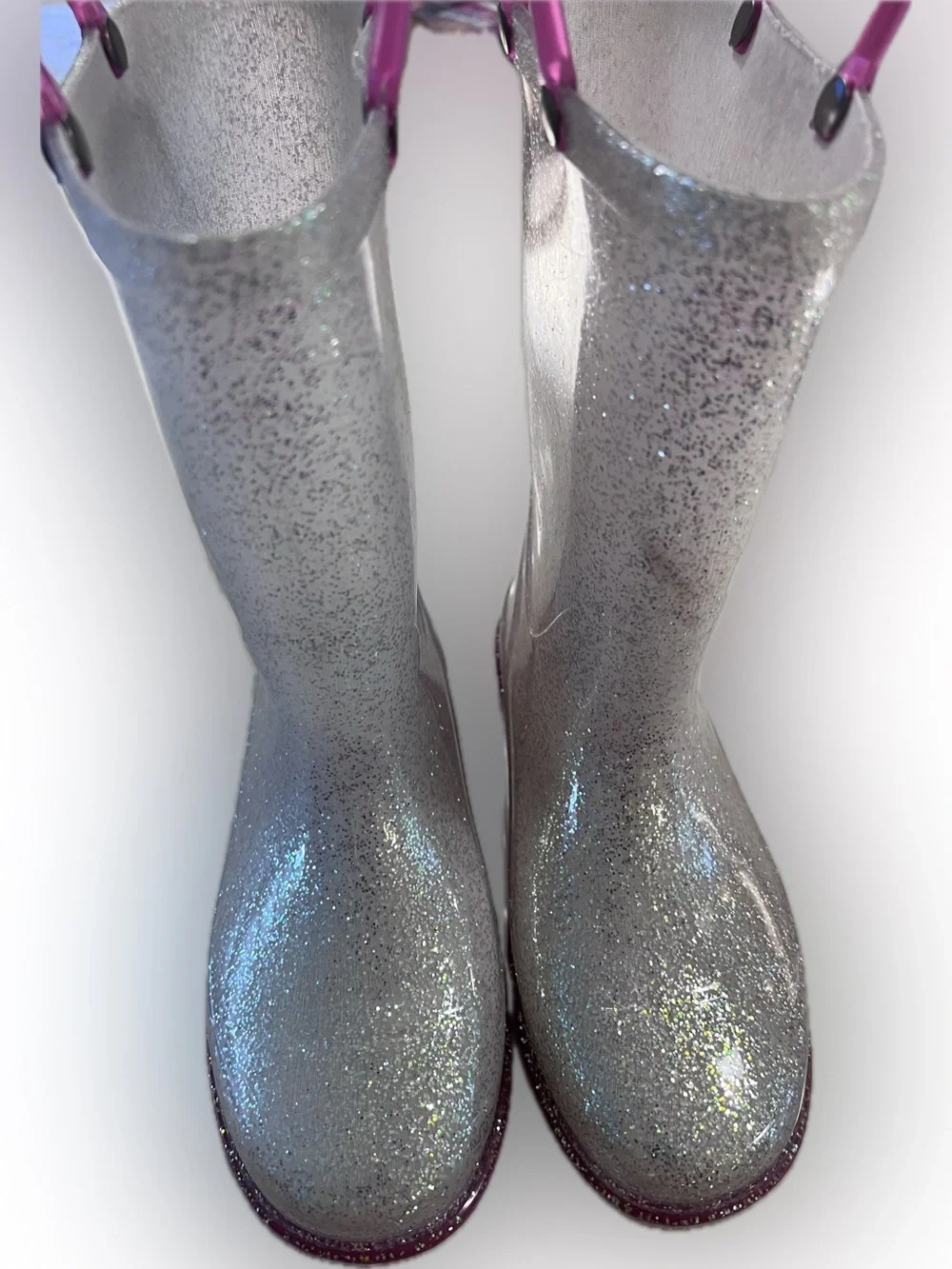 Sparkling Silver Glitter Rain Boots with Pink Handles
